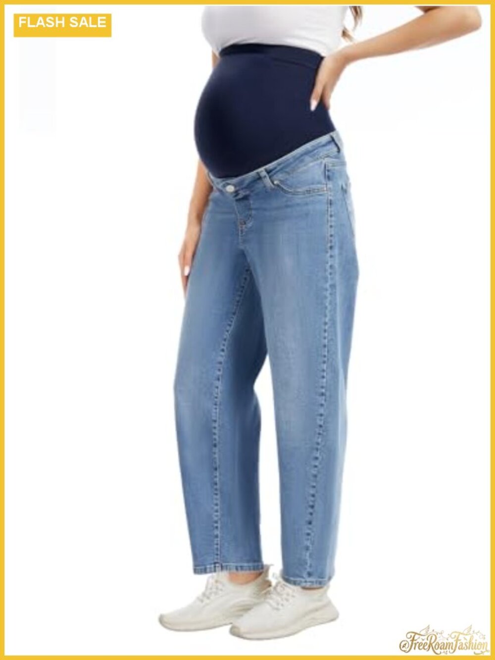 Stretchy Denim Maternity Over the Belly Barrel Leg Jeans with Button Waist